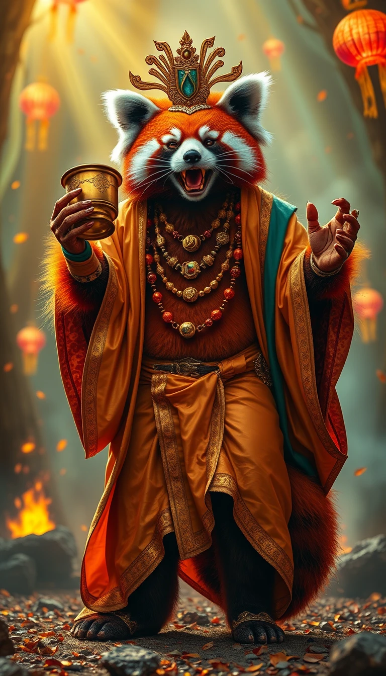 Red panda party god raising a golden chalice