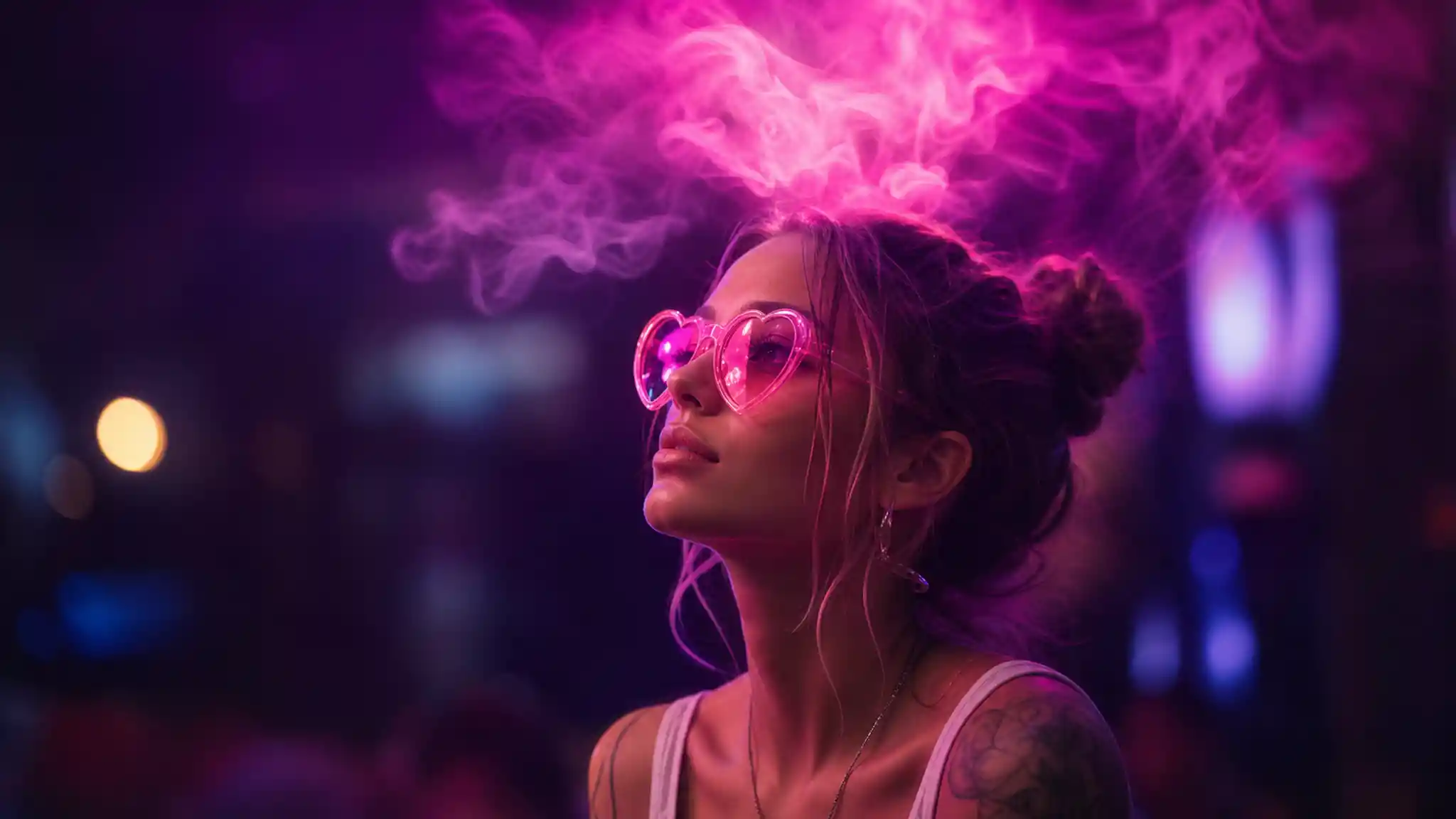 Woman in neon pink and purple light with heart glasses
