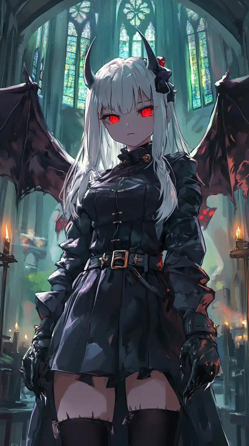 Anime girl sleeping in chained coffin in gothic cathedral