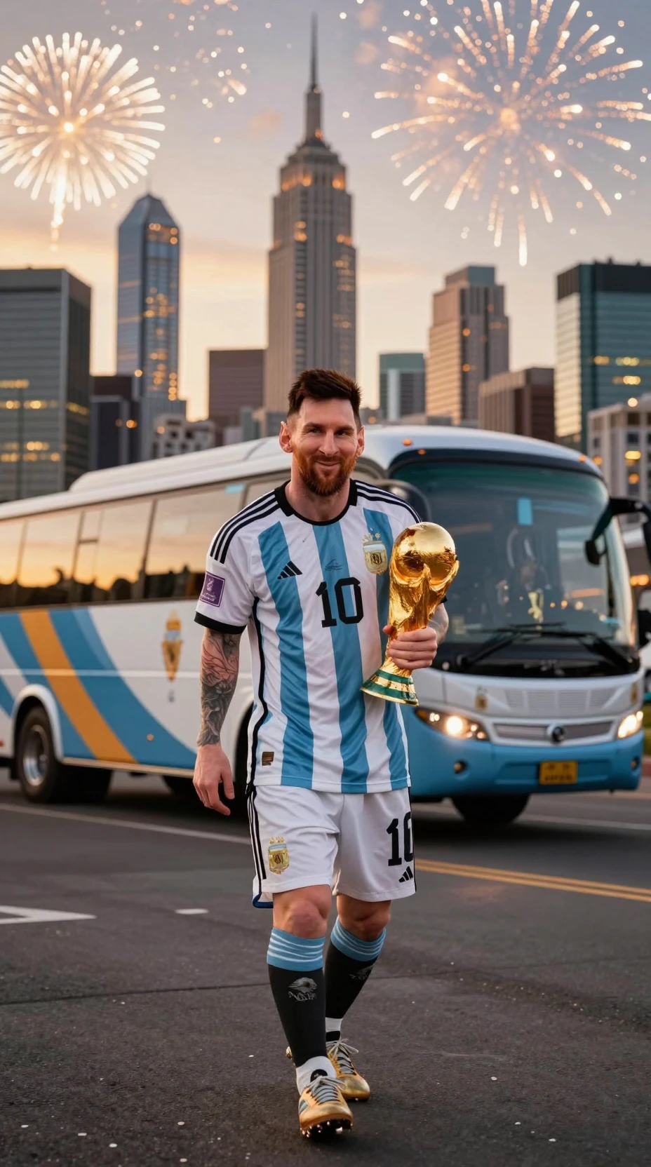 Soccer champion walking toward team bus in city sunset