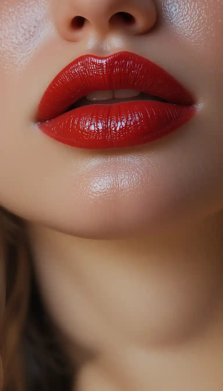 Extreme close up of glossy red lips on a woman