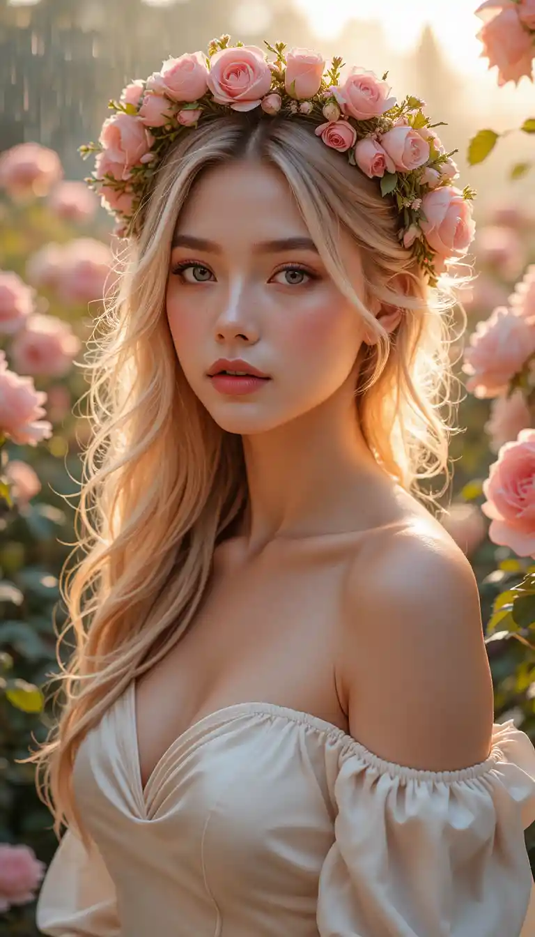 Elegant woman in rose garden with floral crown