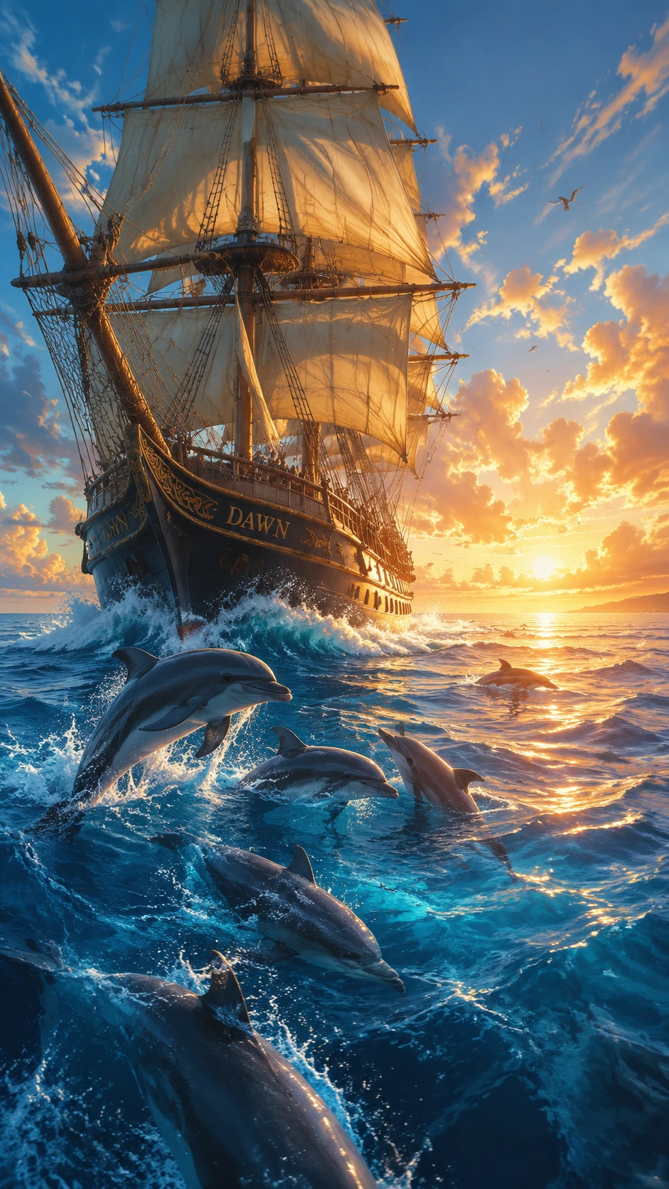 Velero al amanecer en un océano azul vibrante
