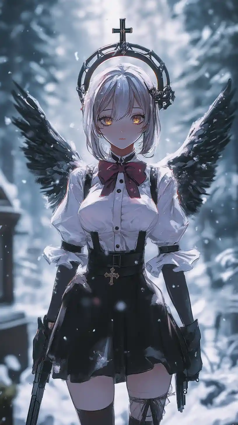 Anime girl with katana in snowy orthodox church courtyard