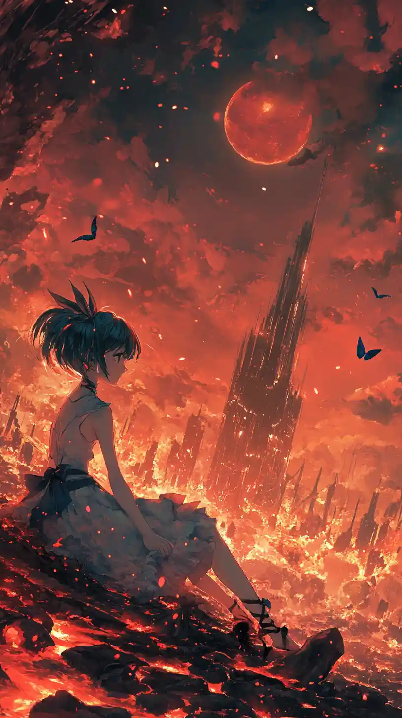 Anime girl lying in lava within a bleak fantasy landscape