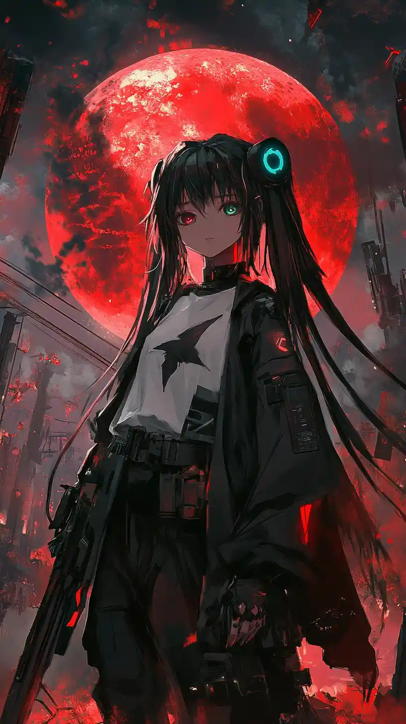 Anime girl at futuristic mine entrance under red warning lights