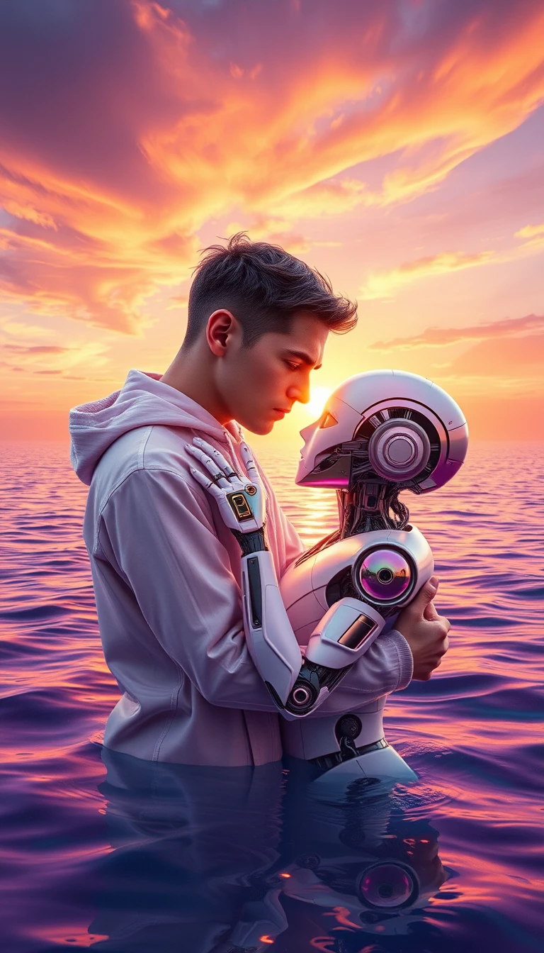 Man Embracing Android In Surreal Rainbow Ocean At Sunset