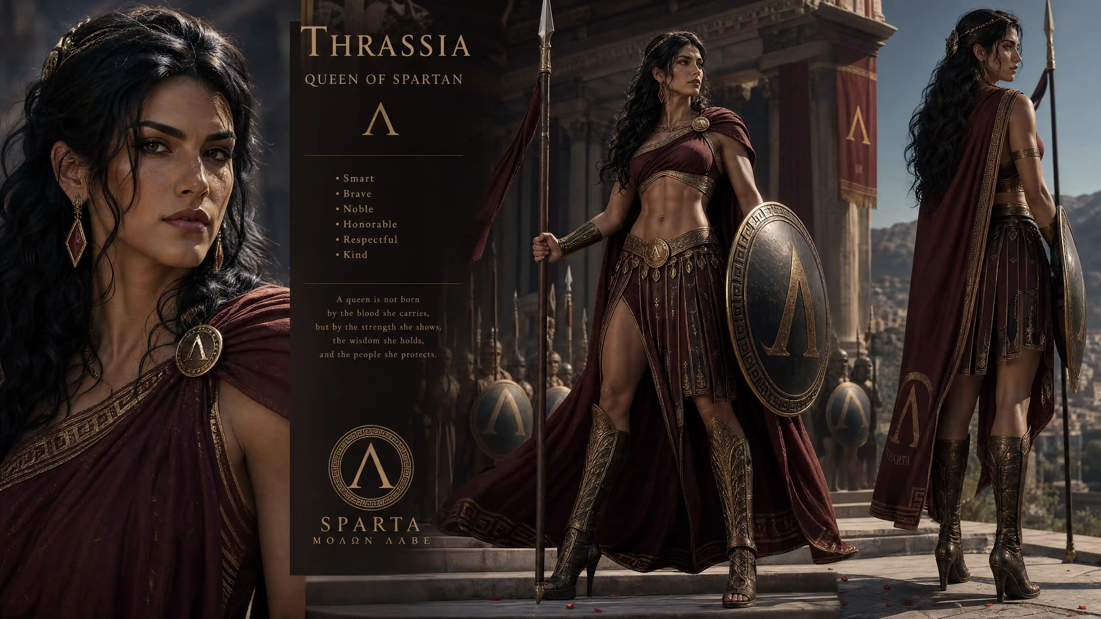 Spartan queen warrior with spear and shield in royal armor