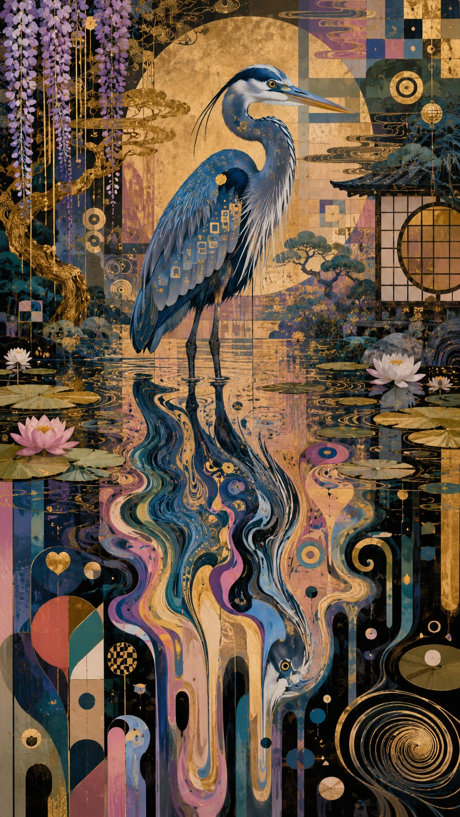 Garza azul surreal derritiéndose en el reflejo giratorio de un estanque
