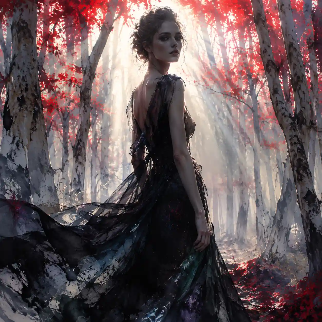 Young woman in black dress in a ghostly red forest