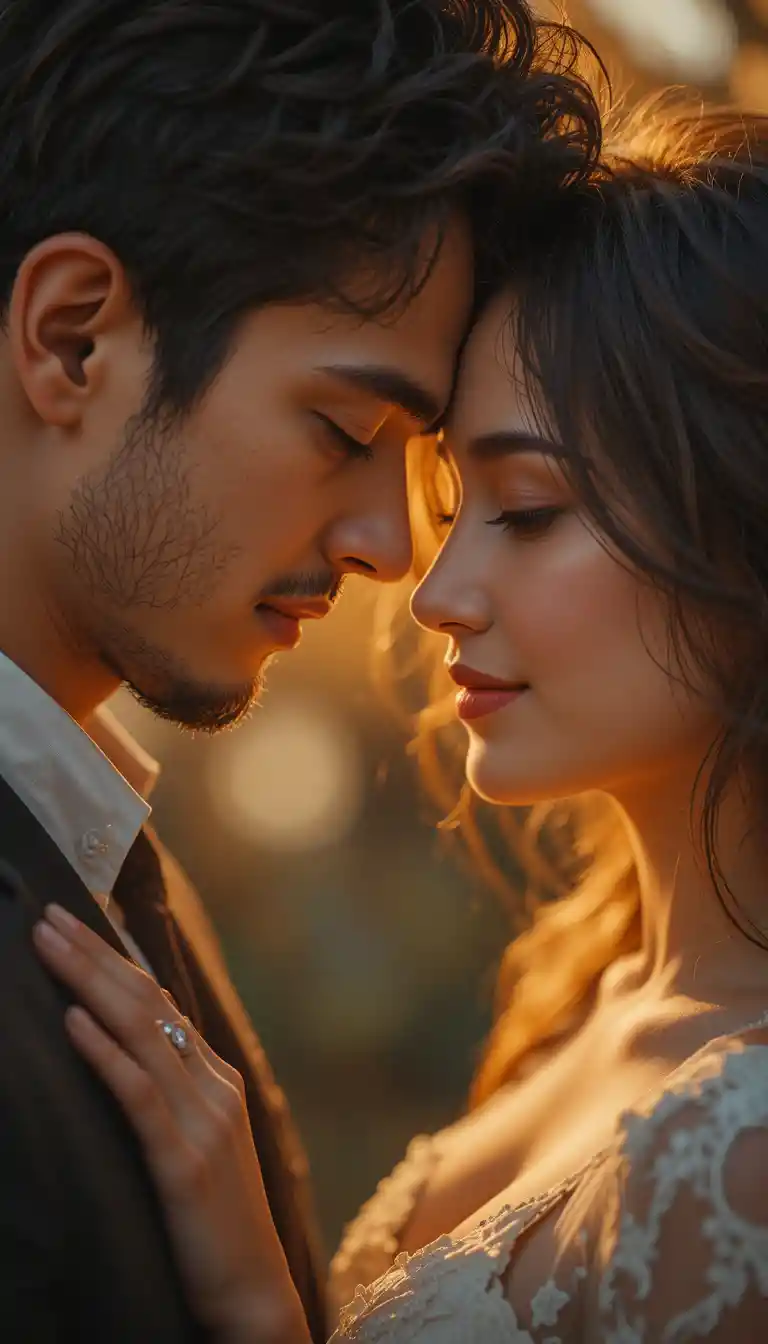 Romantic close up portrait of a couple at golden hour