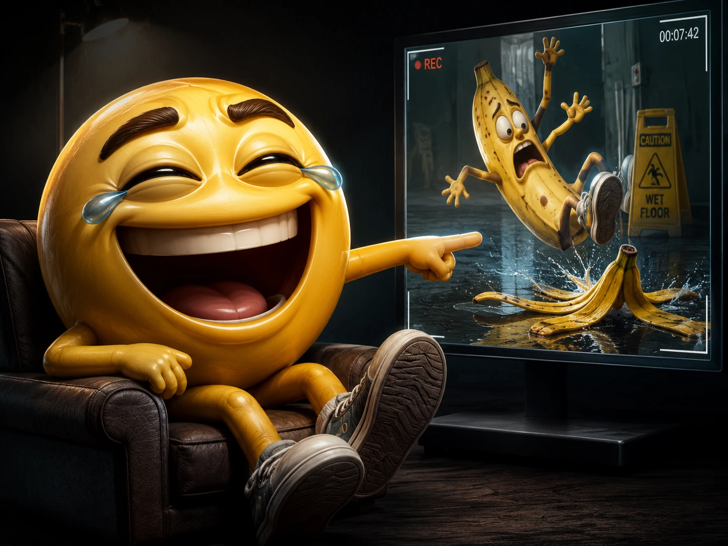 Laughing emoji pointing at a screen in dramatic lighting