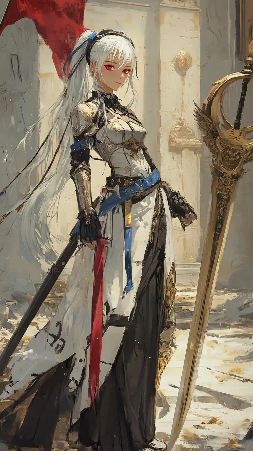 Anime girl beside battle scythe in sandy ancient ruins