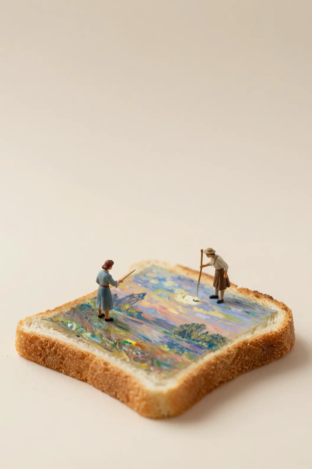 Pittori in miniatura che creano arte su una fetta di pane tostato in macro