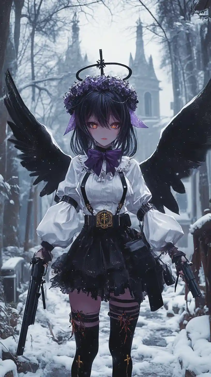 Anime girl with weapons in snowy fantasy churchyard
