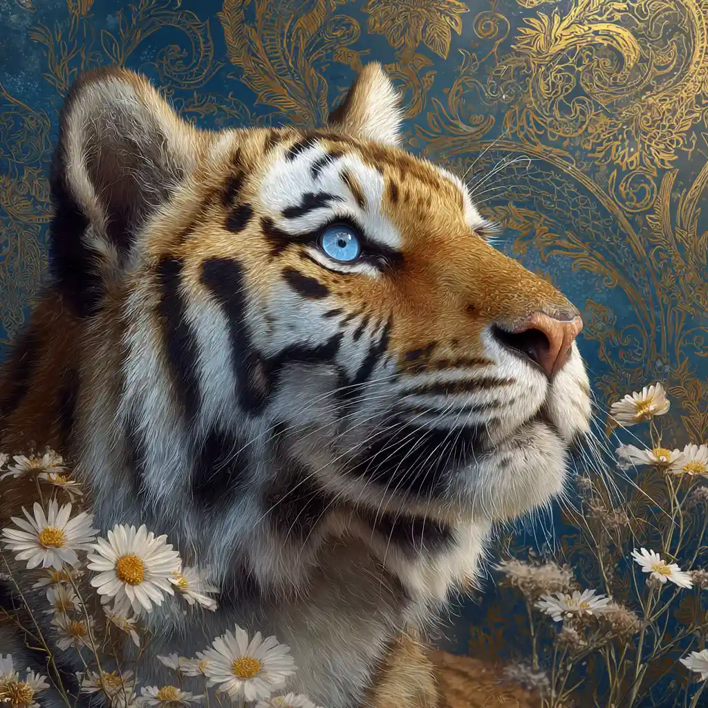 Majestic tiger portrait with blue eyes and golden paisley