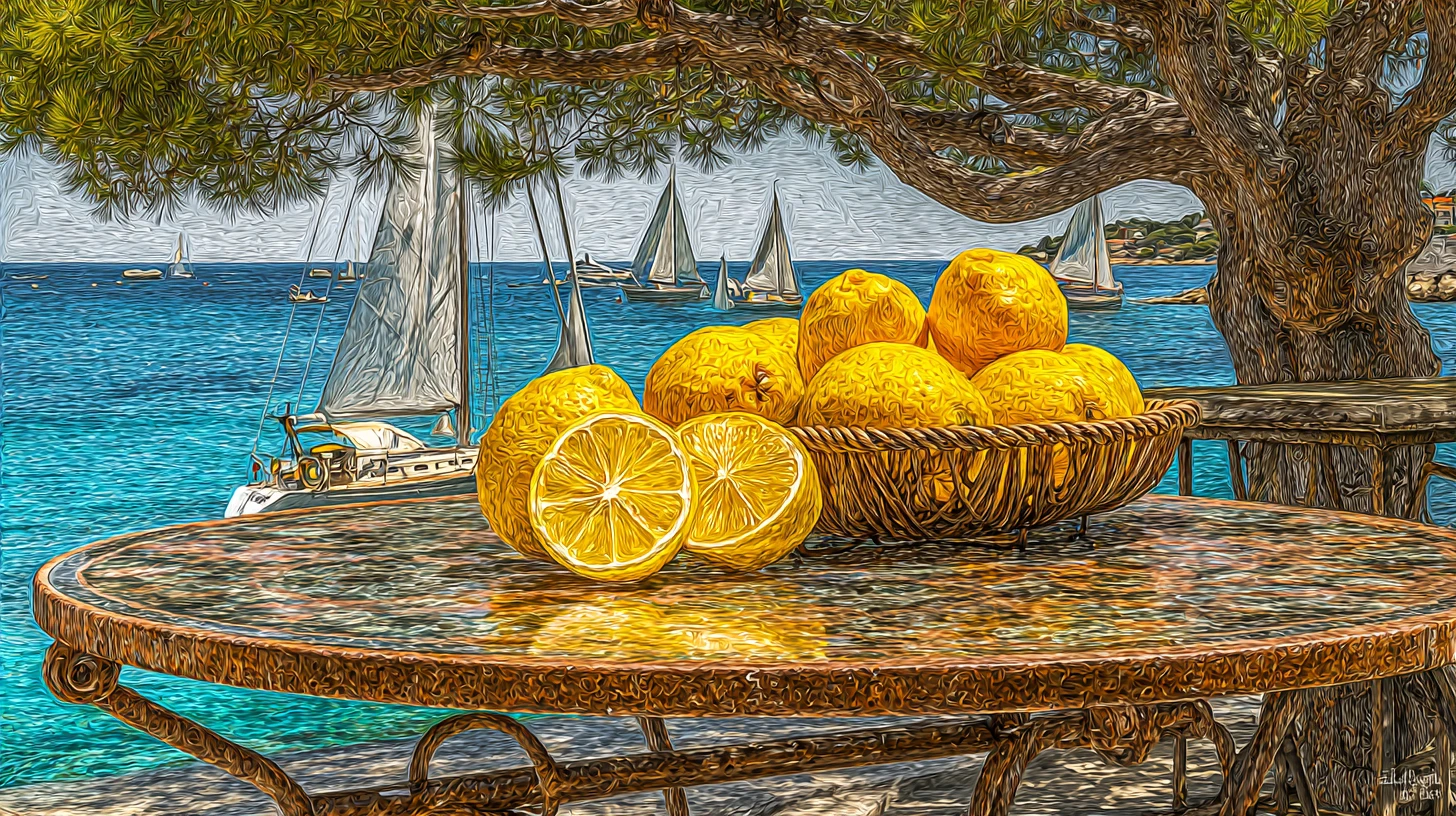 Bodegón en terraza mediterránea con frutas y mar