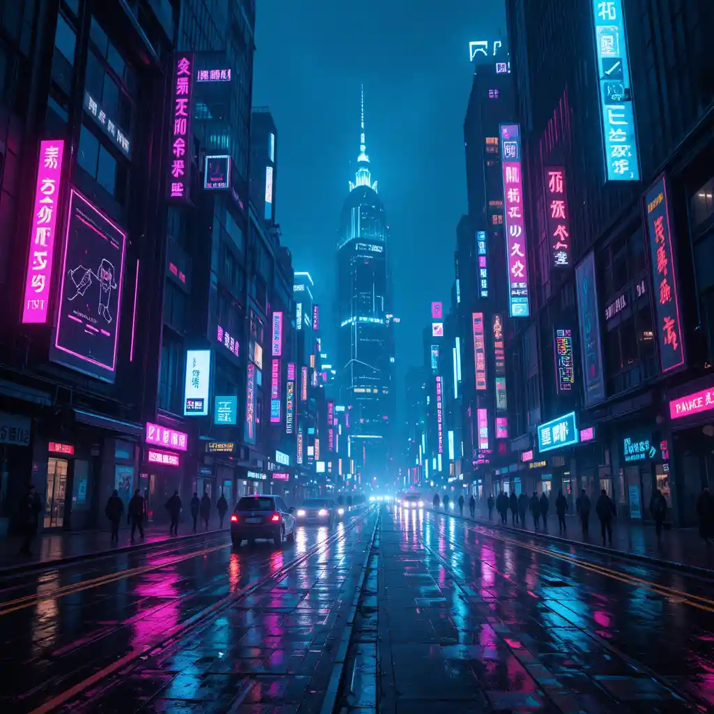 Cyberpunk city skyline in neon rain at night