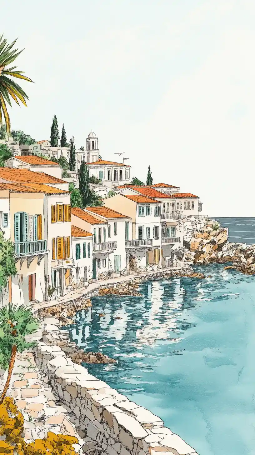 Historic greek seaside town in soft mixed media illustration