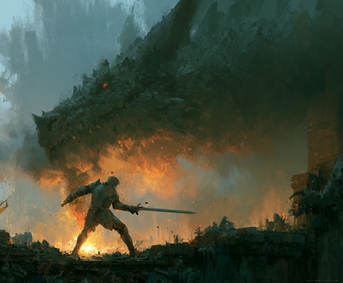 Medieval knight facing a massive dragon on ruined stone ruins