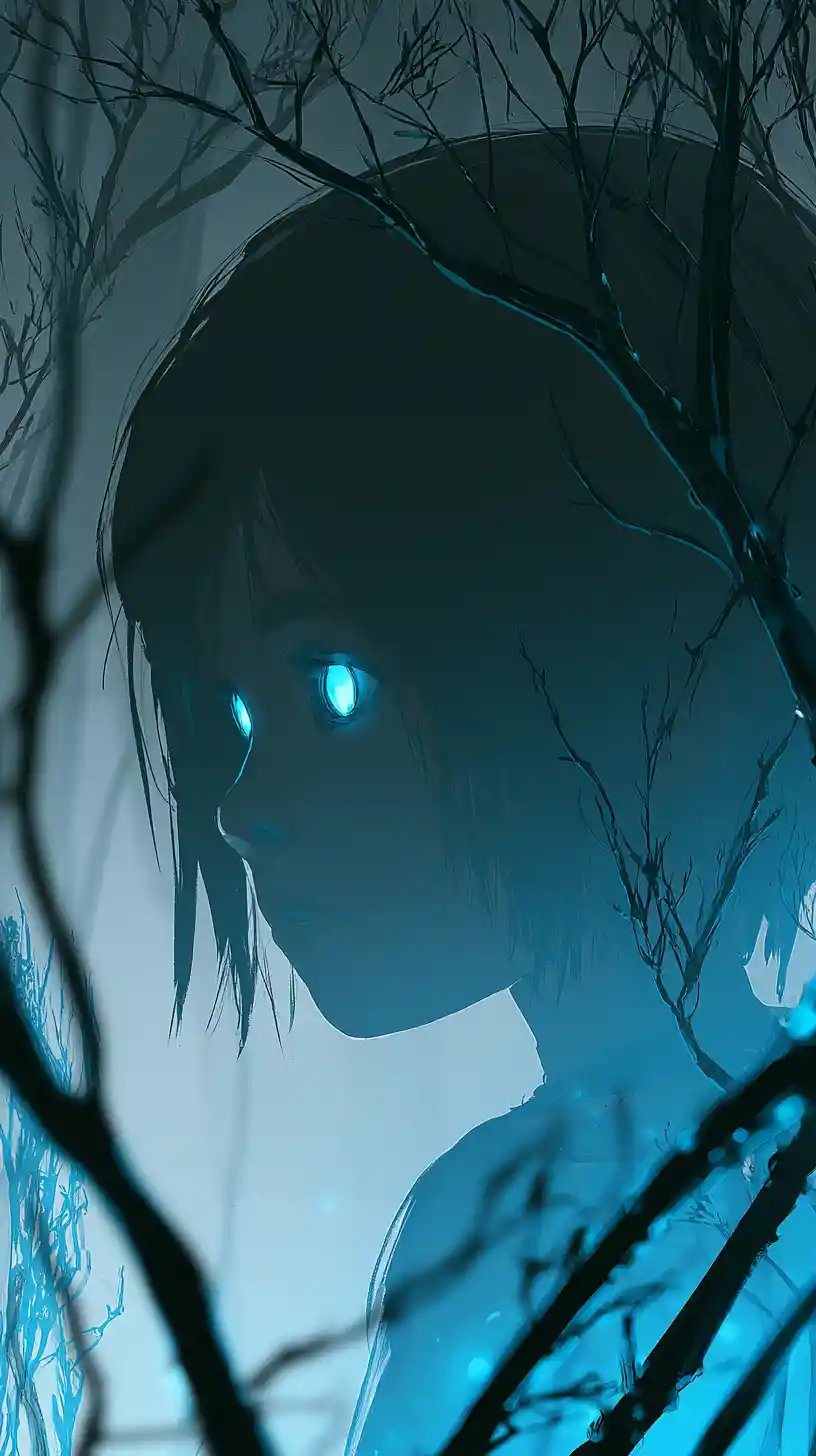 Anime girl in profile glowing in a misty forest
