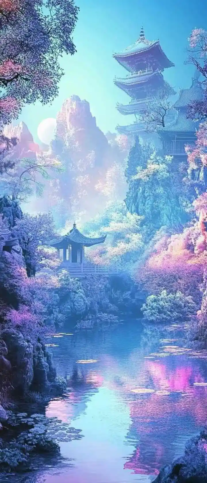 Surreal pastel landscape with bright cheerful zen atmosphere
