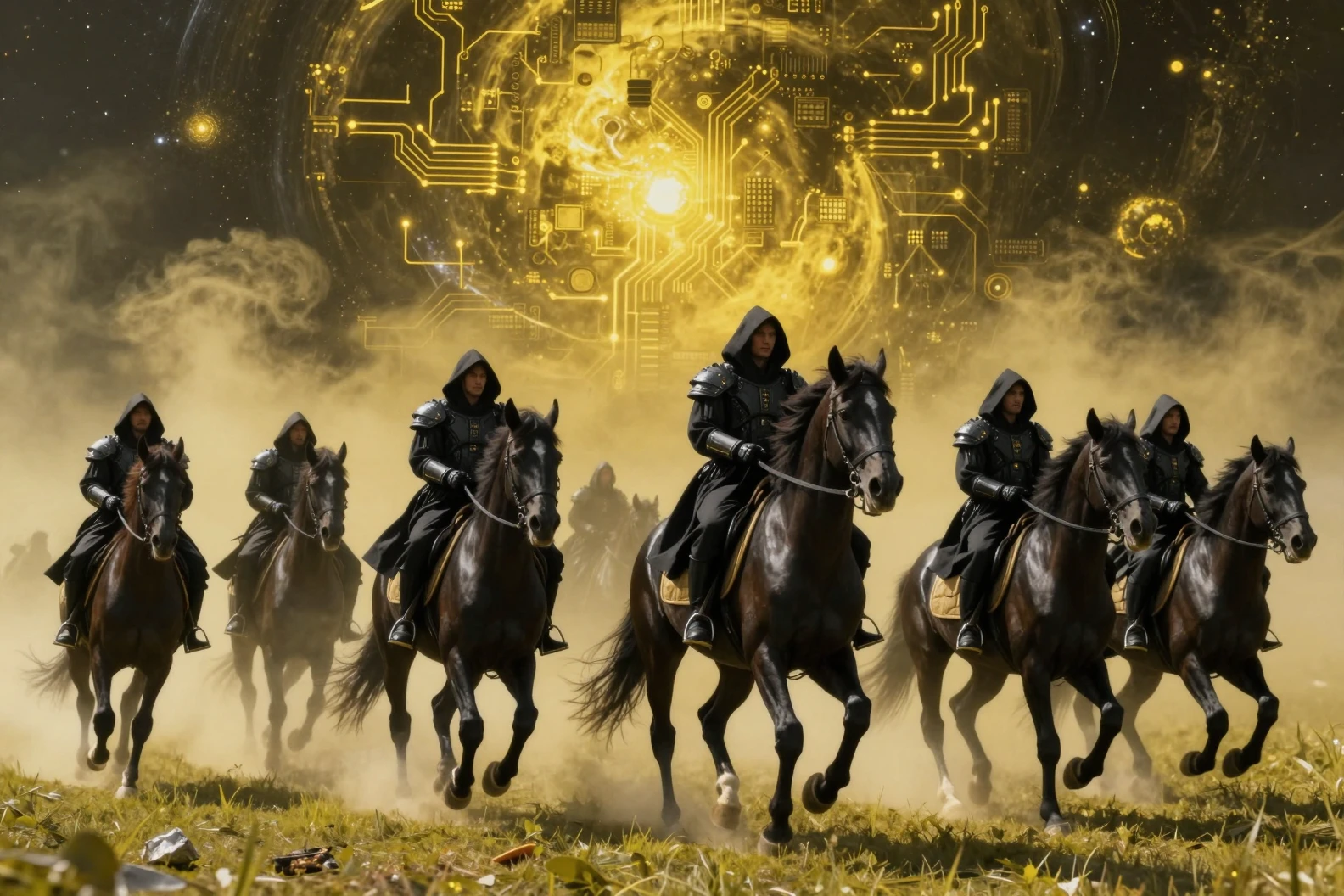 Warriors In Black Armor Riding Stallions Across Futuristic Field