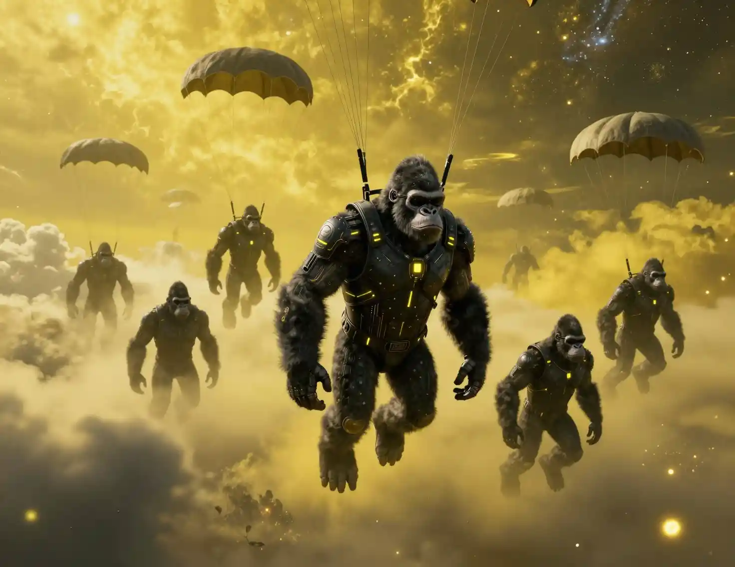 Armored gorillas descending from a yellow sci fi sky