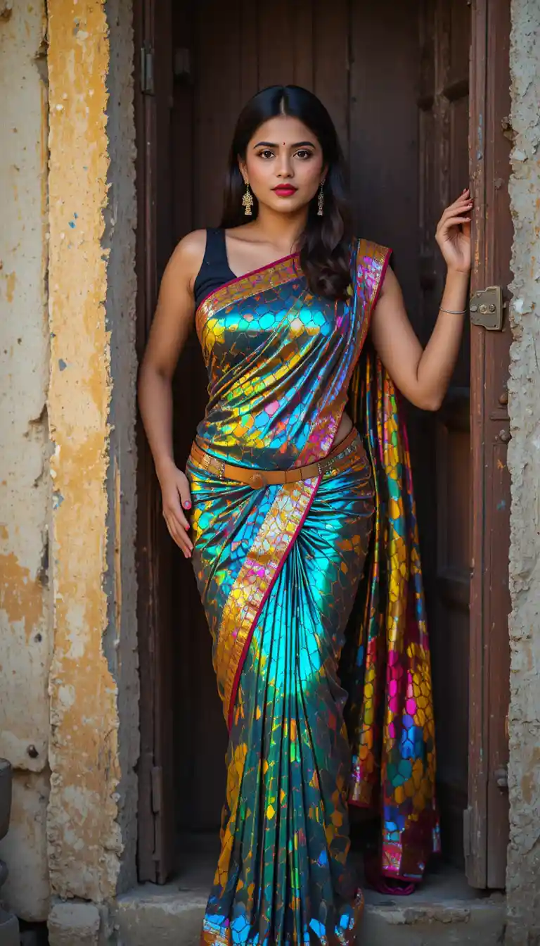 Tamil woman in glossy hexagon mirror saree full body pose