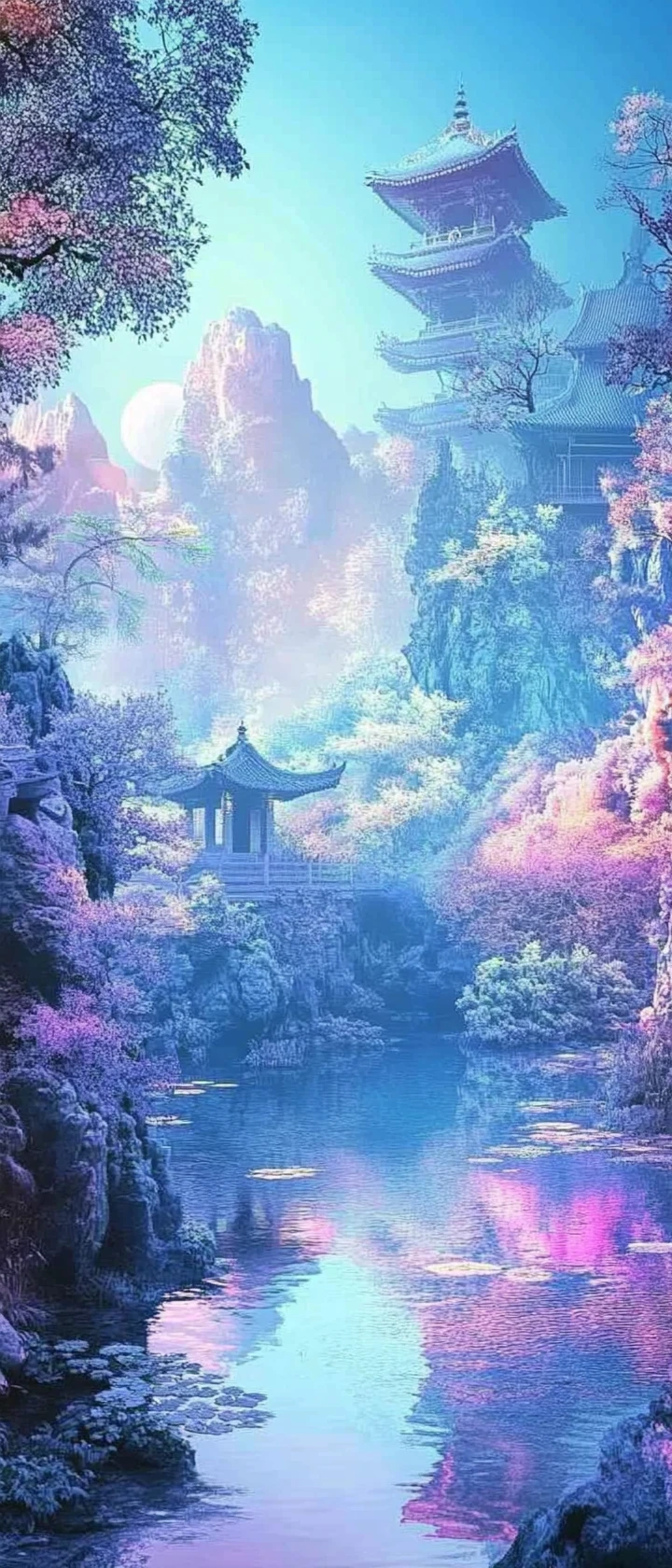 Surreal pastel landscape with bright cheerful zen atmosphere