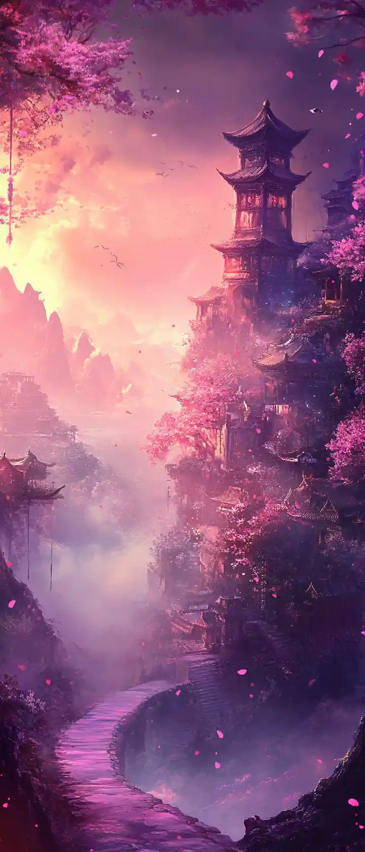 Surreal zen landscape with bright cheerful pastel tones