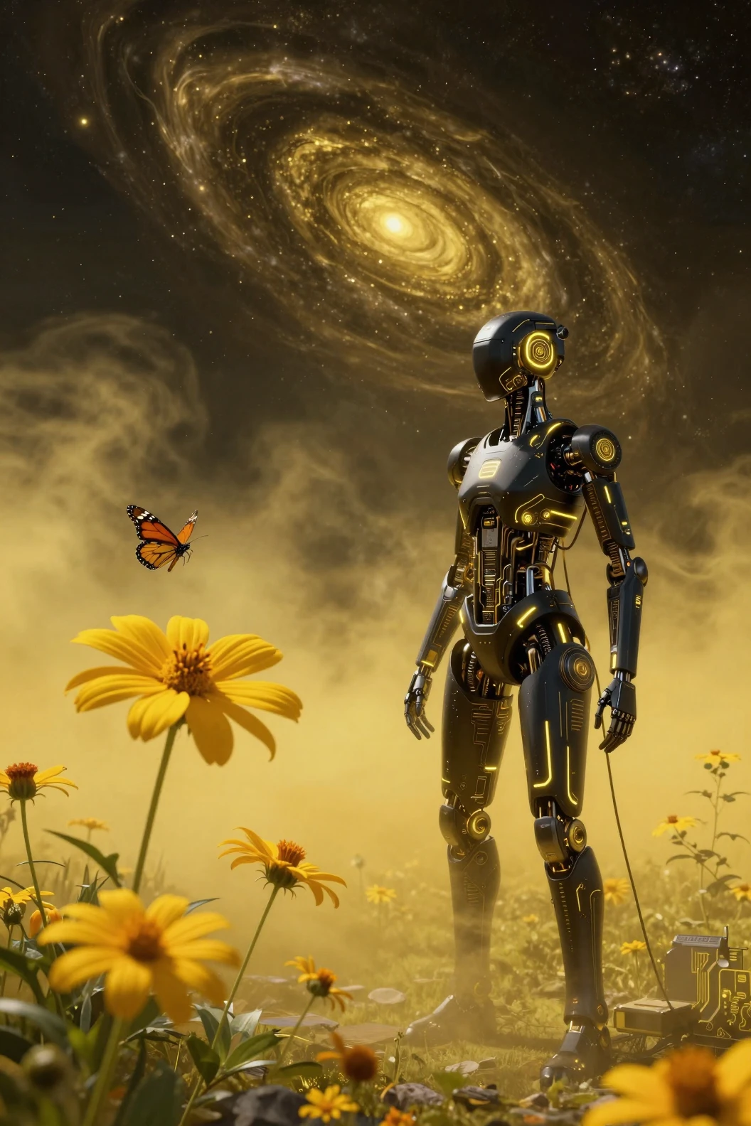 Flor estelar amarela sci-fi e borboleta-monarca no espaço