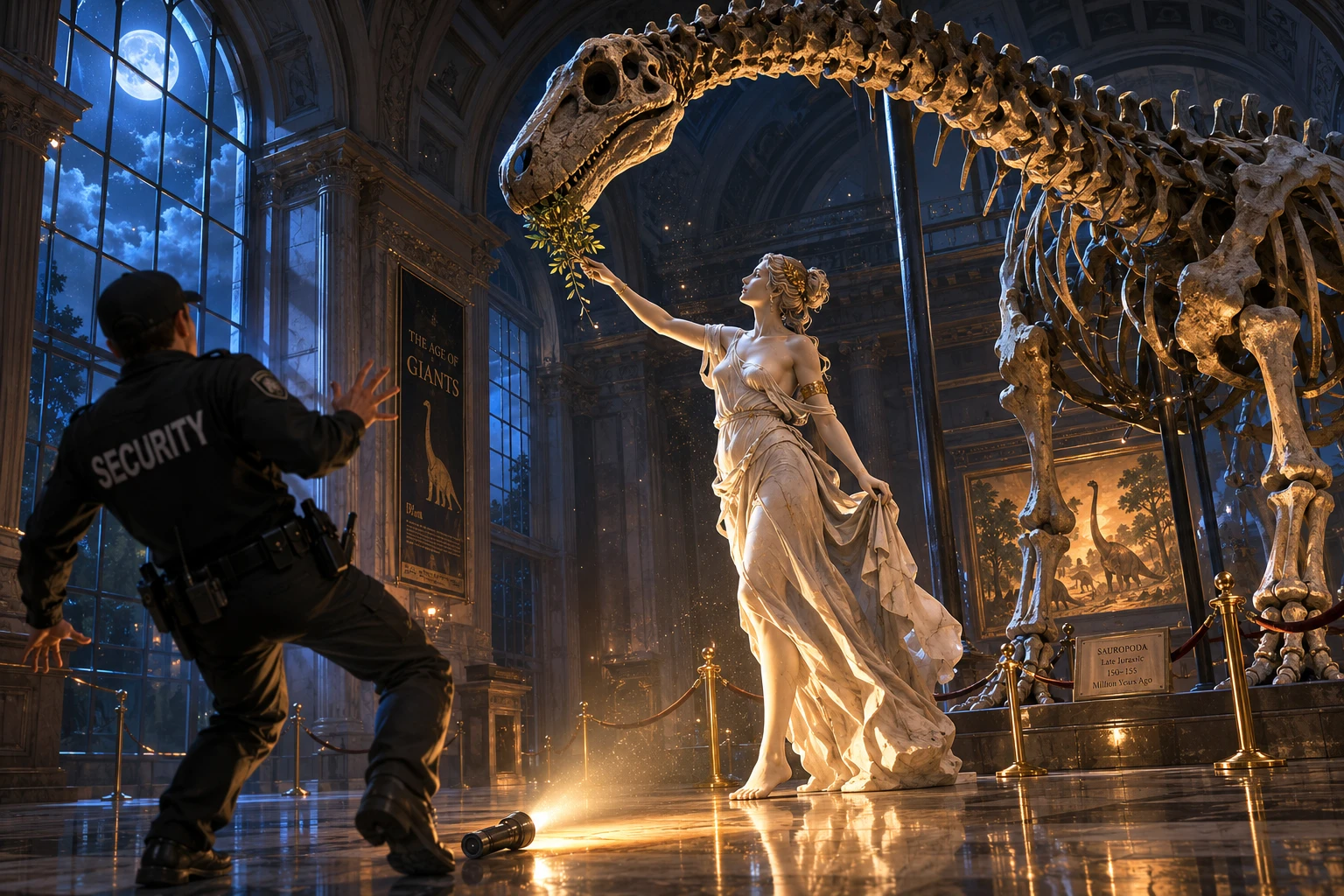 Marble goddess feeds towering dinosaur skeleton at night