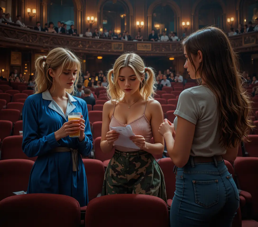 Three young women talking in a warm lit dressing room