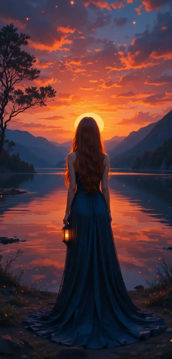 Woman with lantern by a glowing sunset lake