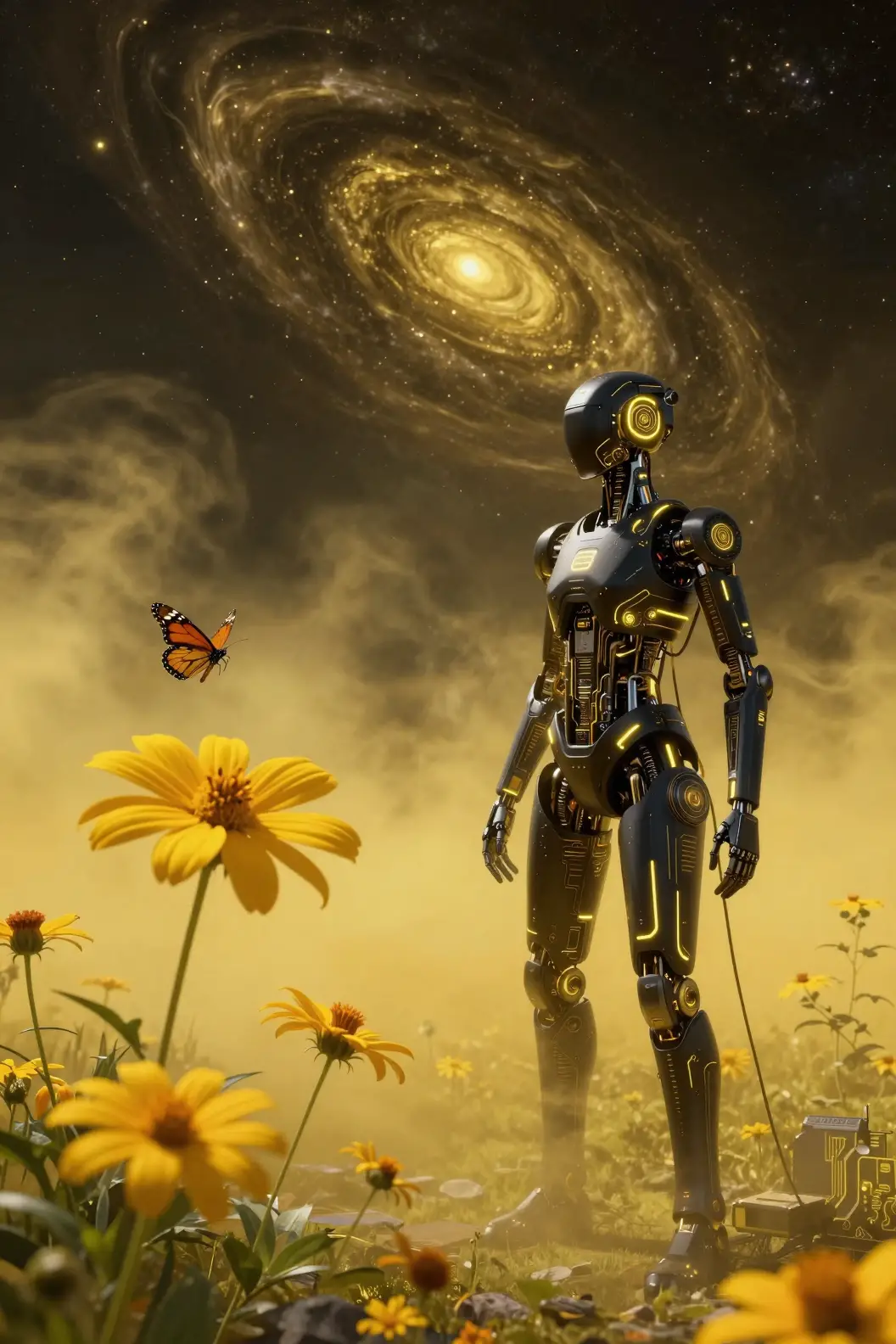 Sci fi yellow starflower and monarch butterfly in space