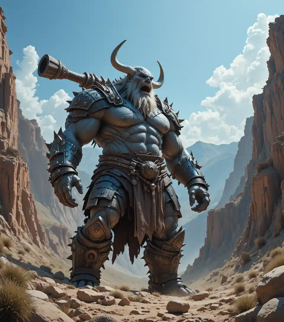 Armored horned giant in a sunlit rocky canyon