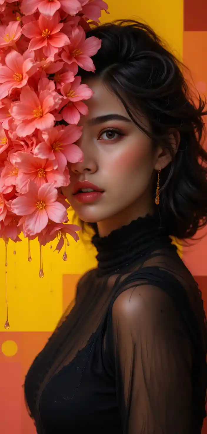 Moody portrait of a woman with flowers and graphic shapes