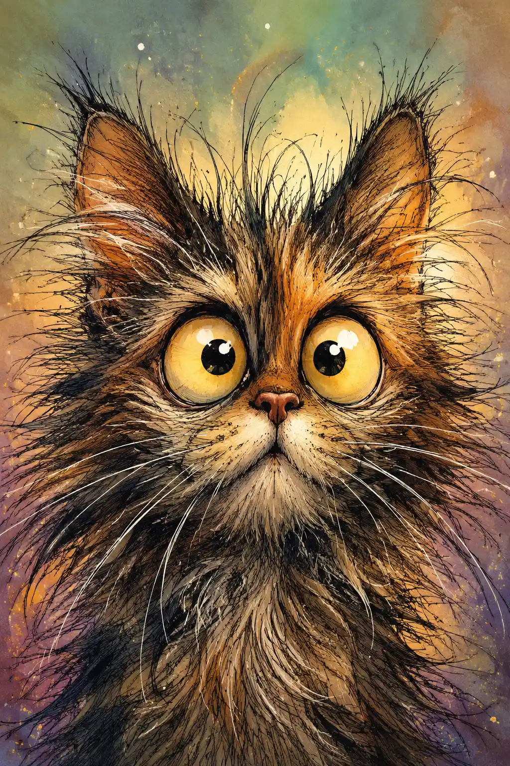 Shocked fluffy cartoon cat face in watercolor illustration