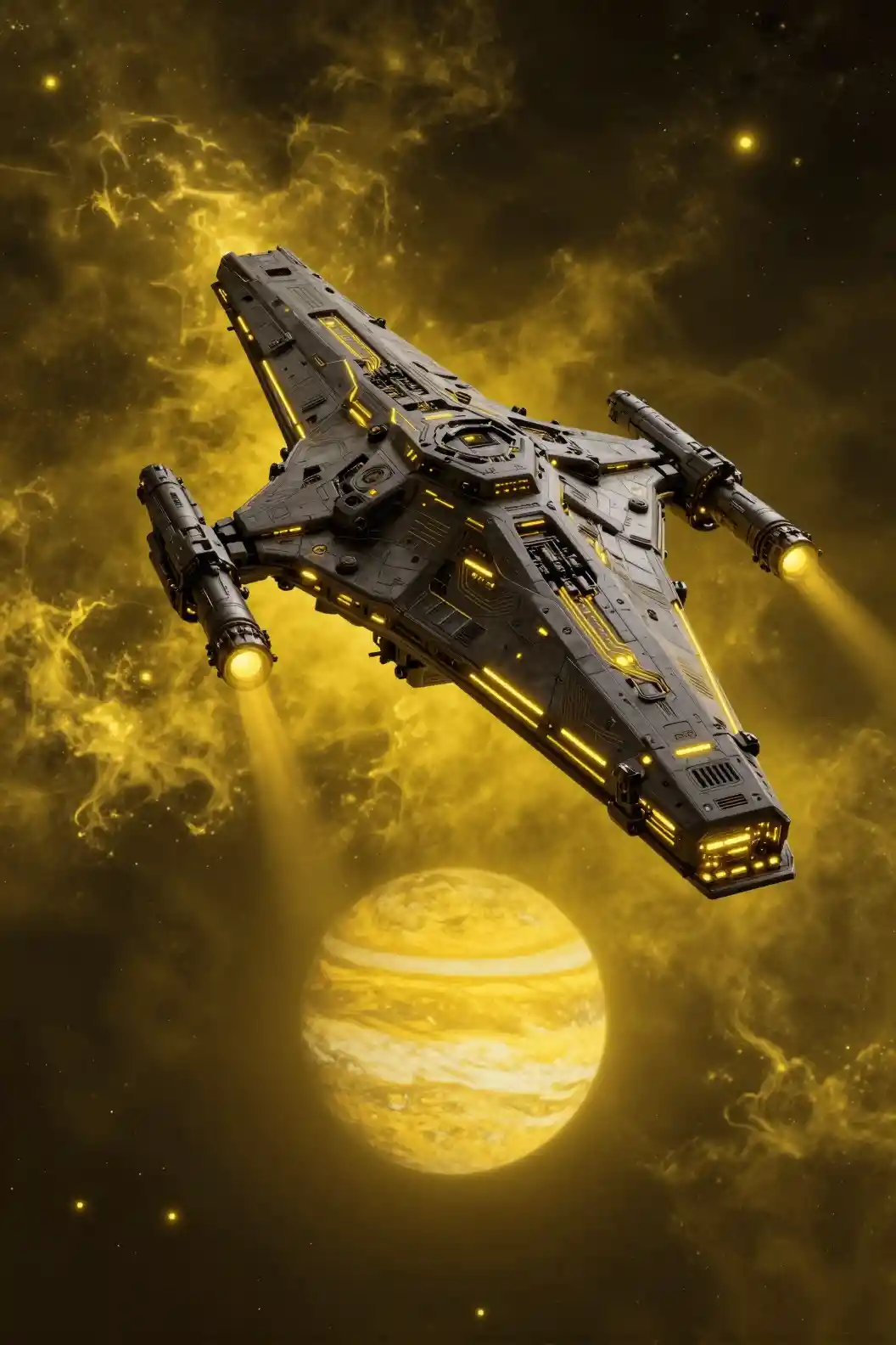 Massive sci fi star destroyer above a yellow gas giant