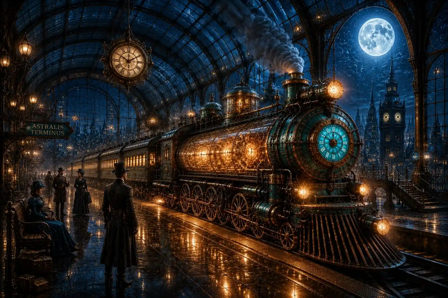 Steampunk train at night in a grand atrium station