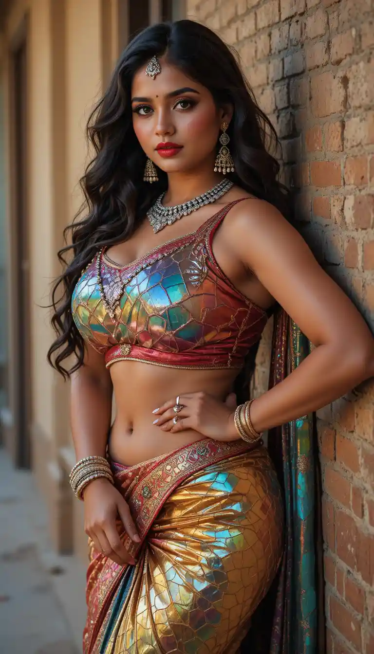 Indian woman in glossy mirror saree leaning by rustic wall