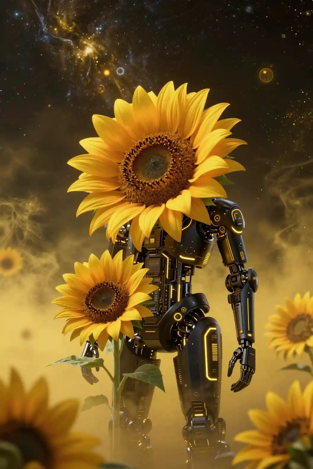 Futuristic sunflower glowing with neon light in cosmic space