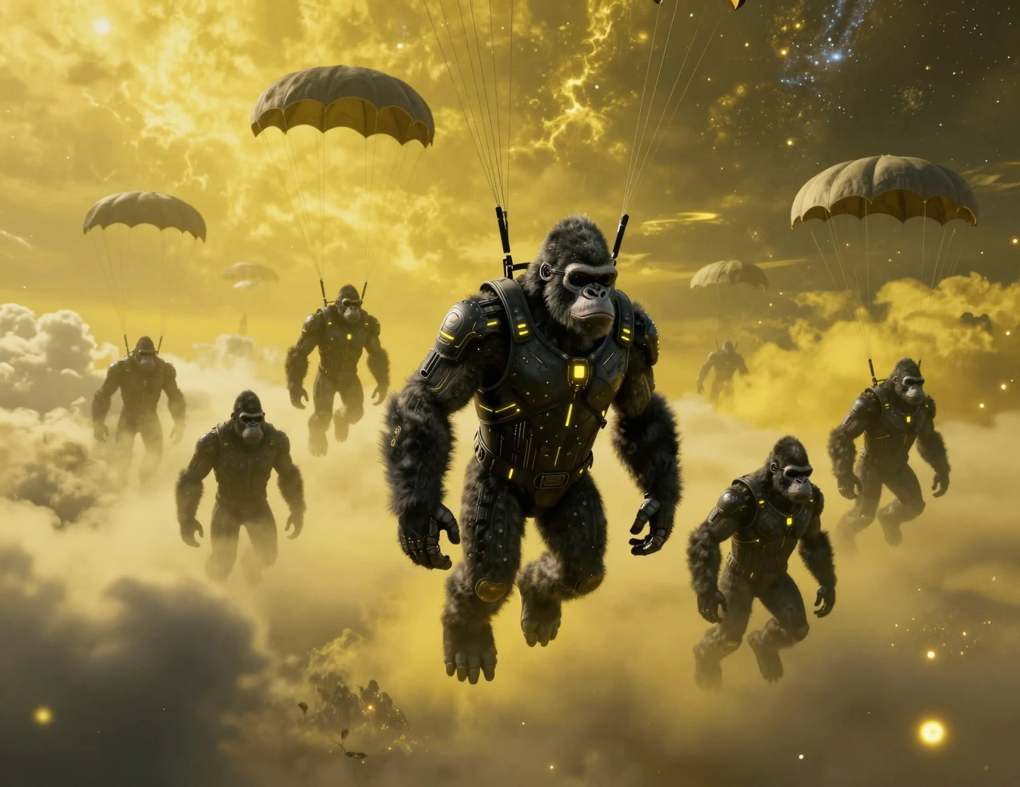 Armored gorillas descending from a yellow sci fi sky
