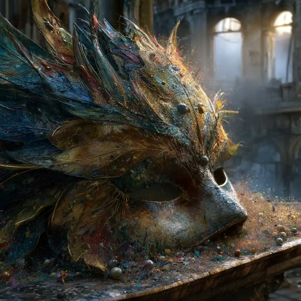 Colorful glass mask in mystical ruined palazzo light