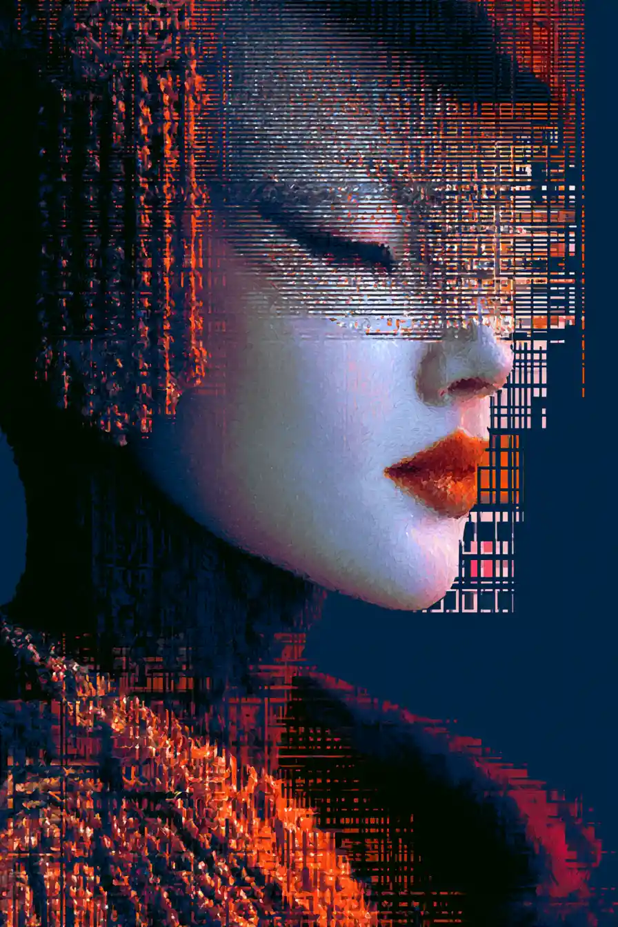 Surreal portrait of a glamorous punk woman with glitch vision