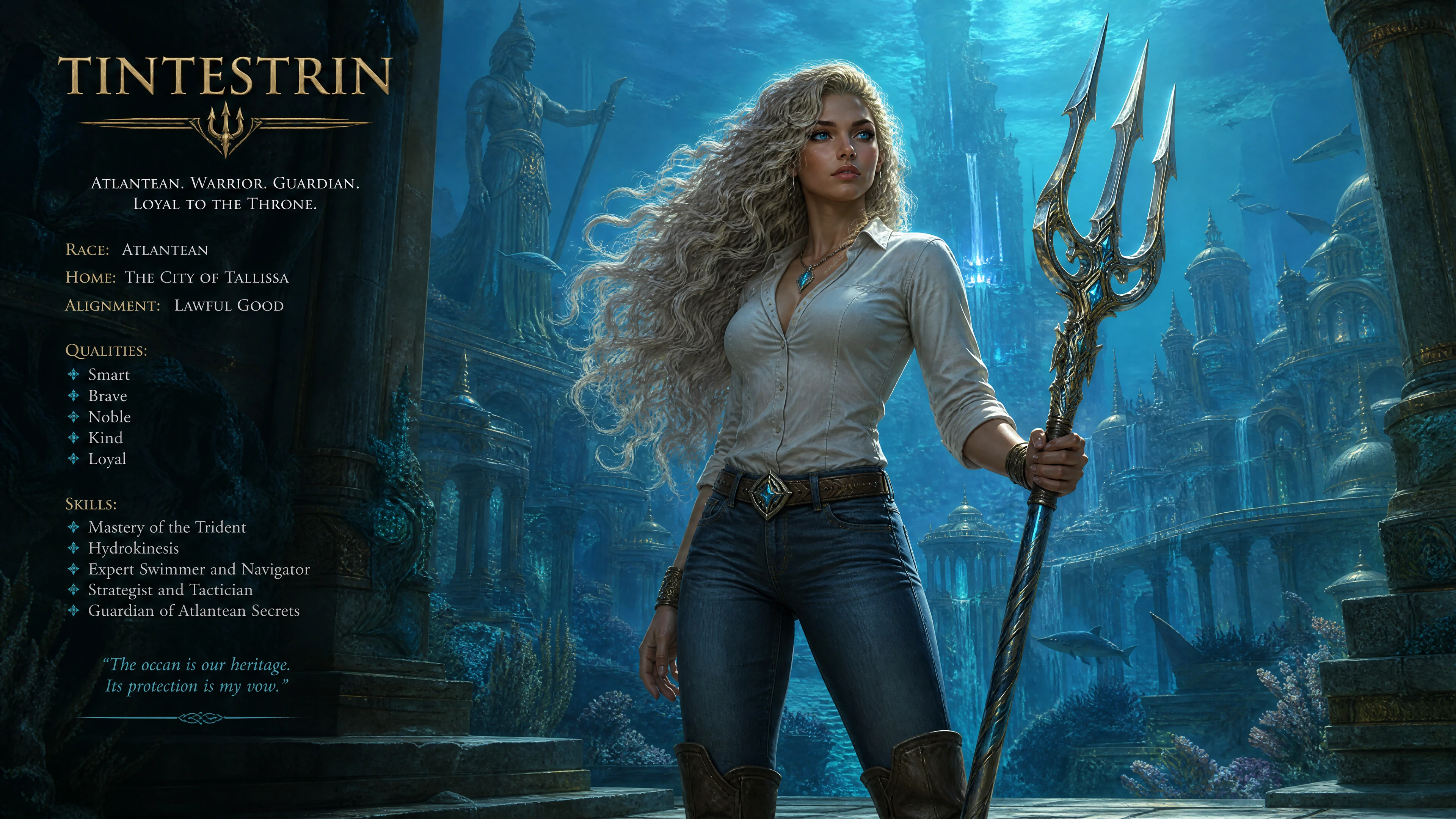 Atlantean warrior woman with trident in casual modern clothing