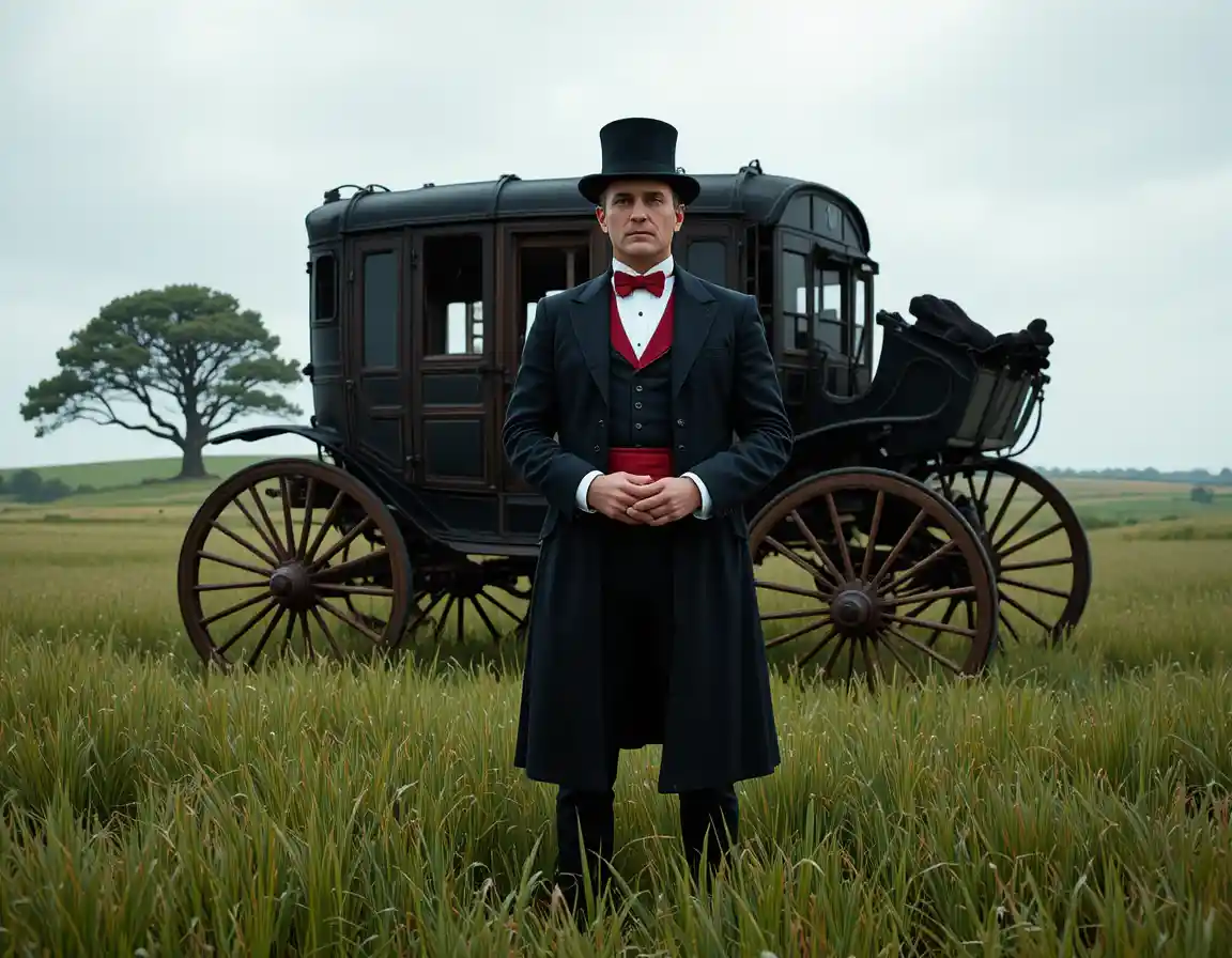 Victorian gentleman standing in a field beside a carriage