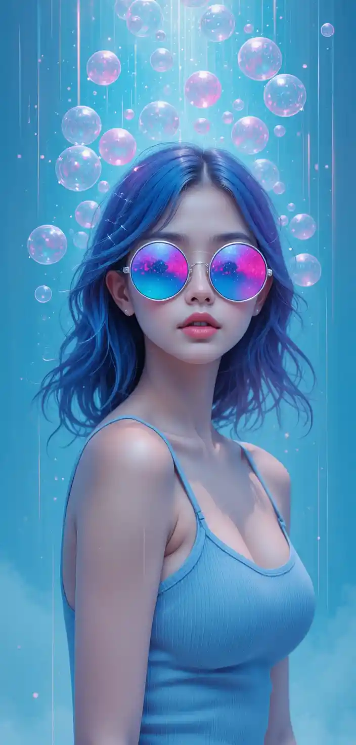 Young woman with mirrored sunglasses in aquatic bubbles