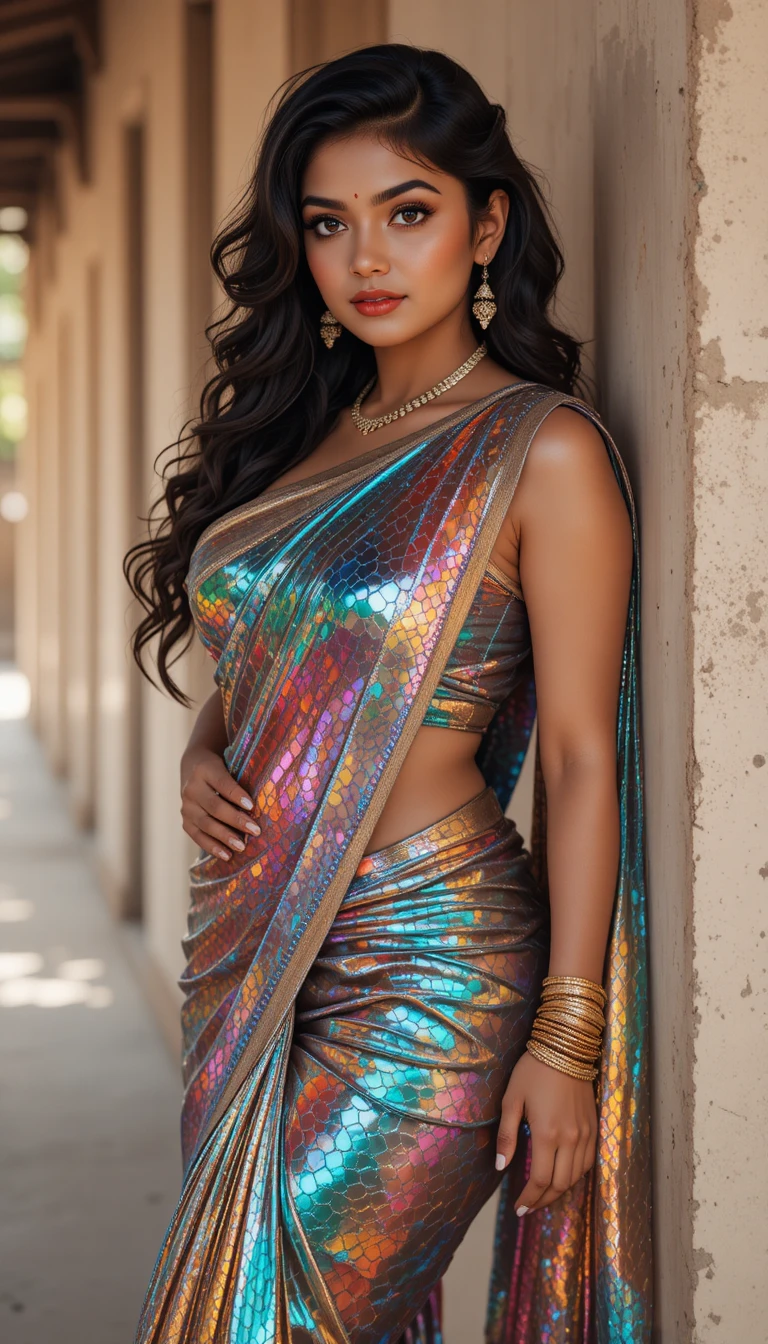 Indian woman in glossy mirror saree leaning against wall
